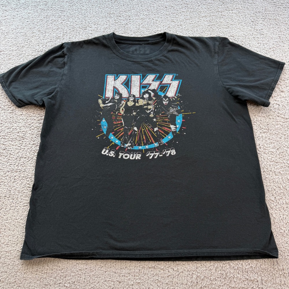 KISS US Tour 77-78 Graphic T-Shirt Mens Large Black Rock Band Tee 2022